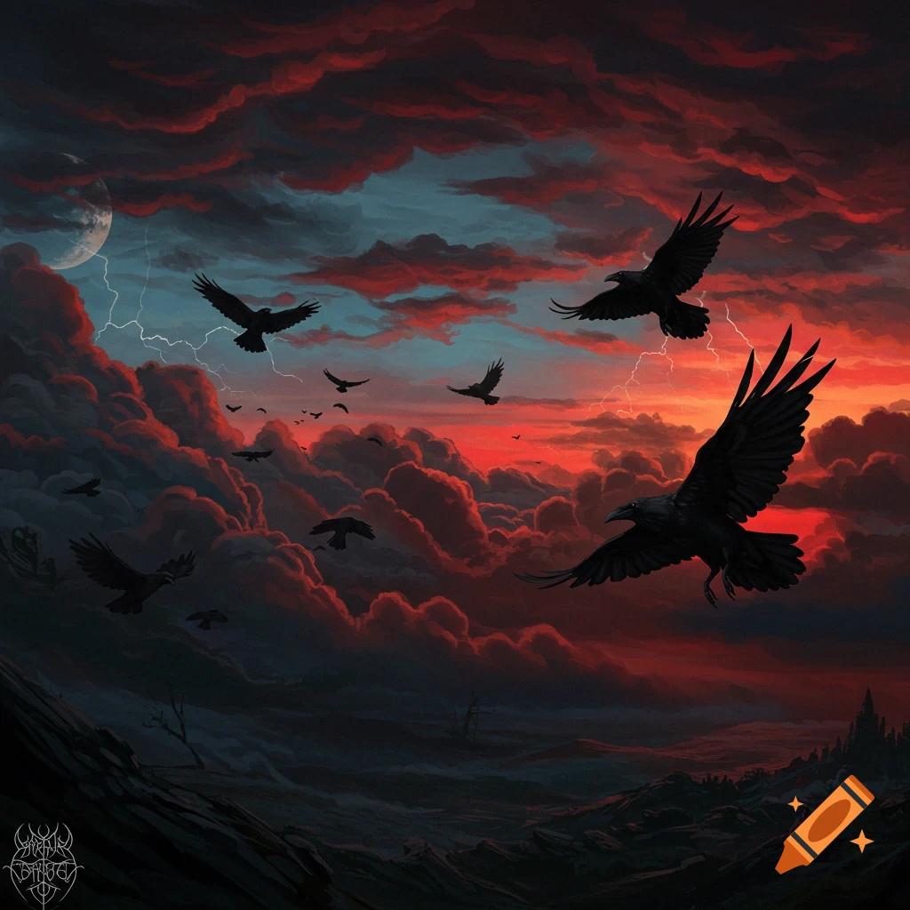 Ravens fly through a dramatic, stormy sky with red clouds, lightning, and a moon over a dark, desolate landscape in a dark fantasy art style.