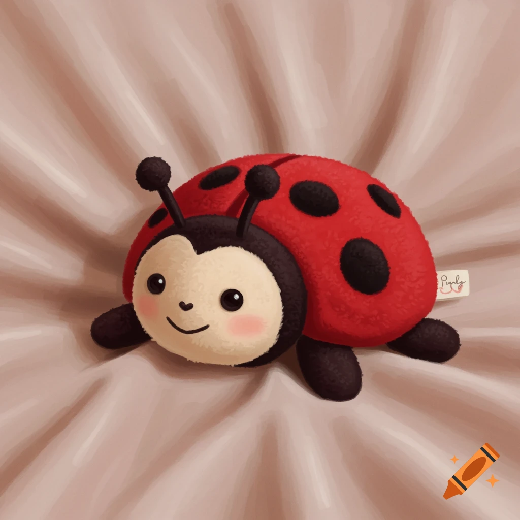 A plush red and black ladybug stuffed animal on a pink blanket.
