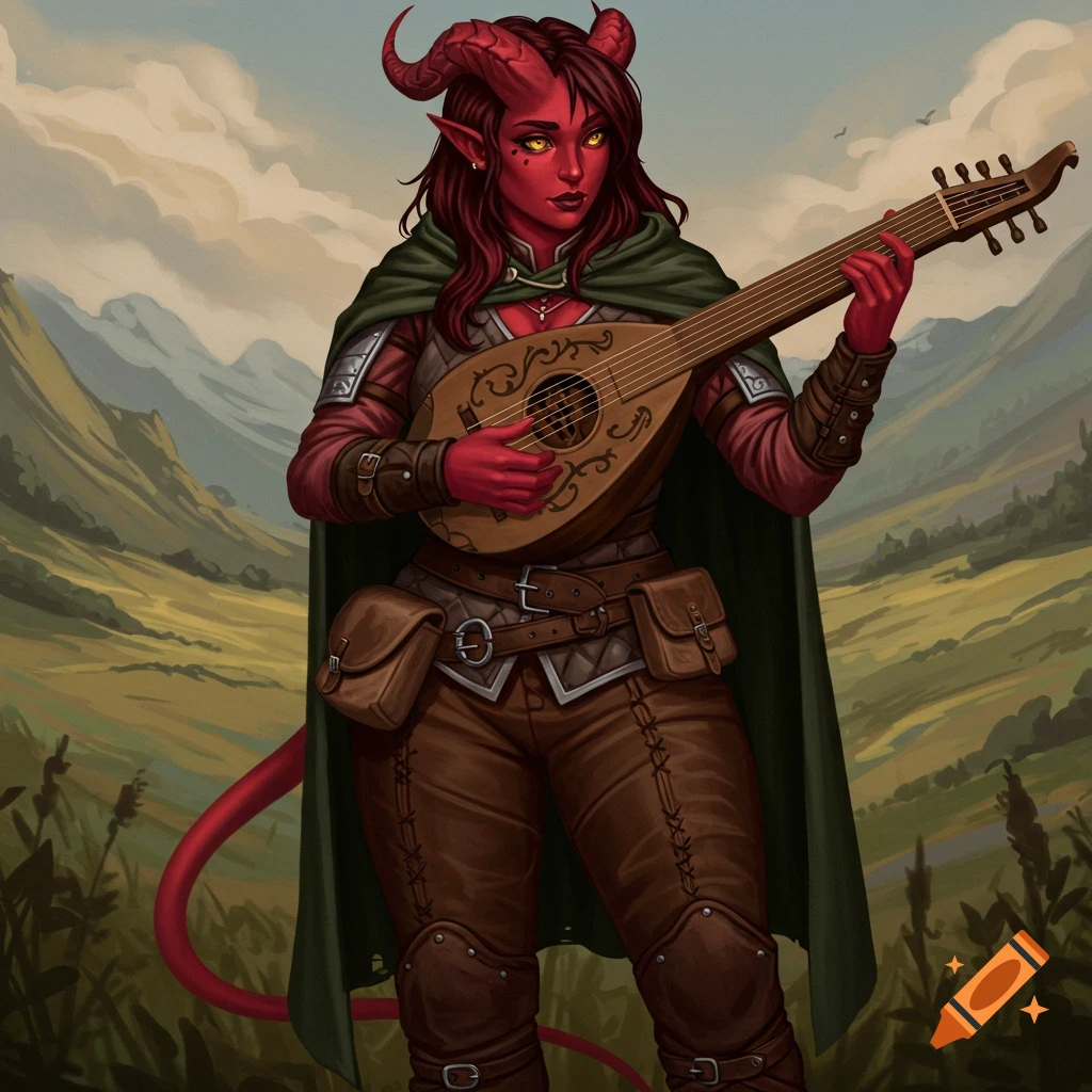 A red-skinned Tiefling with horns and tail, wearing adventure clothes and a green cloak, playing a lute in a grassy valley landscape.