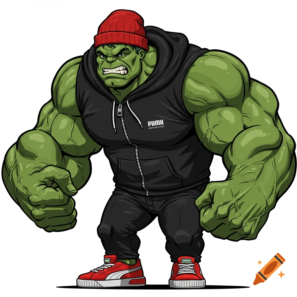 Cartoon drawing of a muscular Hulk wearing a red beanie, black hoodie, black pants, and red sneakers on a white background.