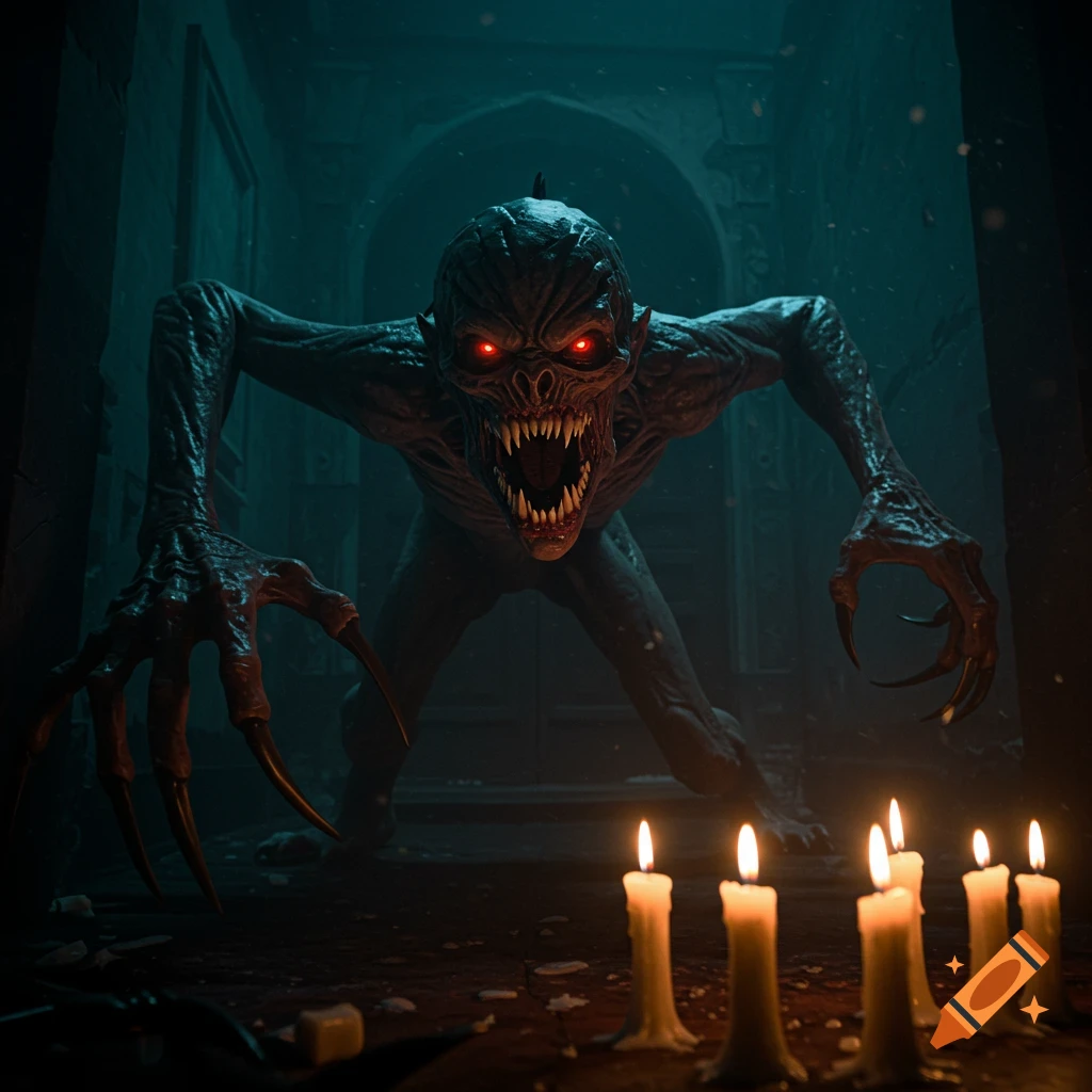 A terrifying monster with glowing red eyes and long claws emerges from a dark doorway, lit by candles.