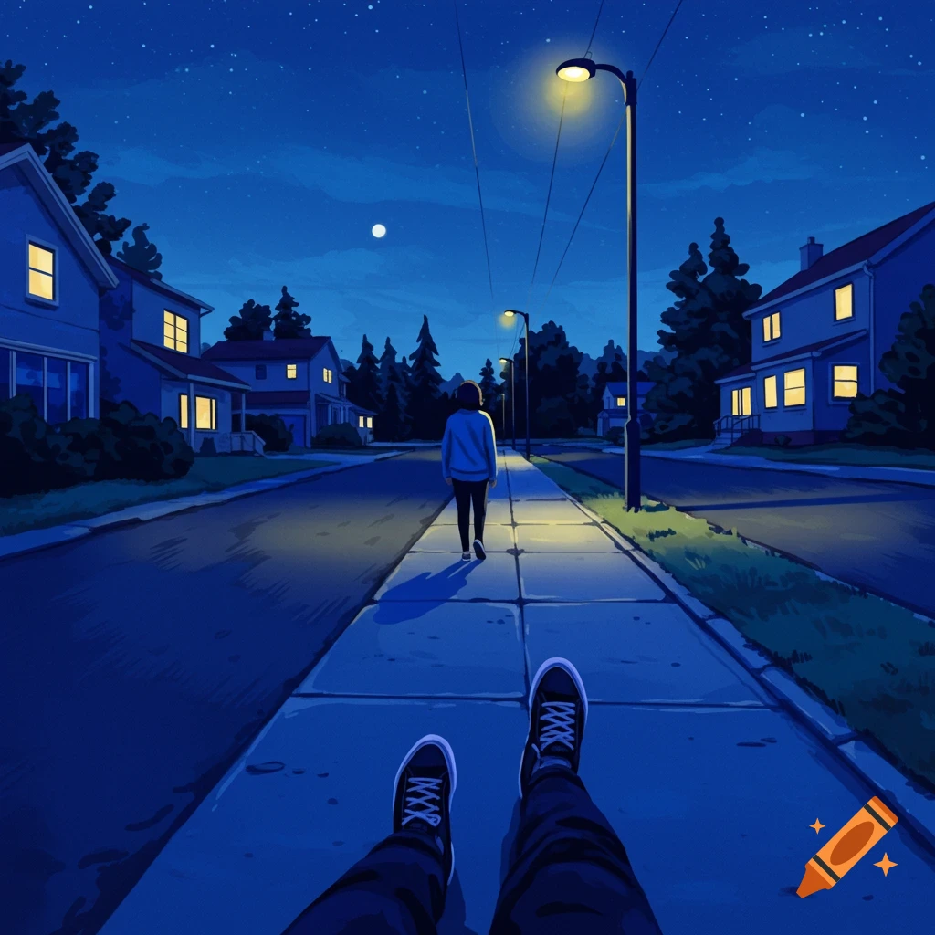 Person walking down a sidewalk in a neighborhood at night, seen from a first-person view.
