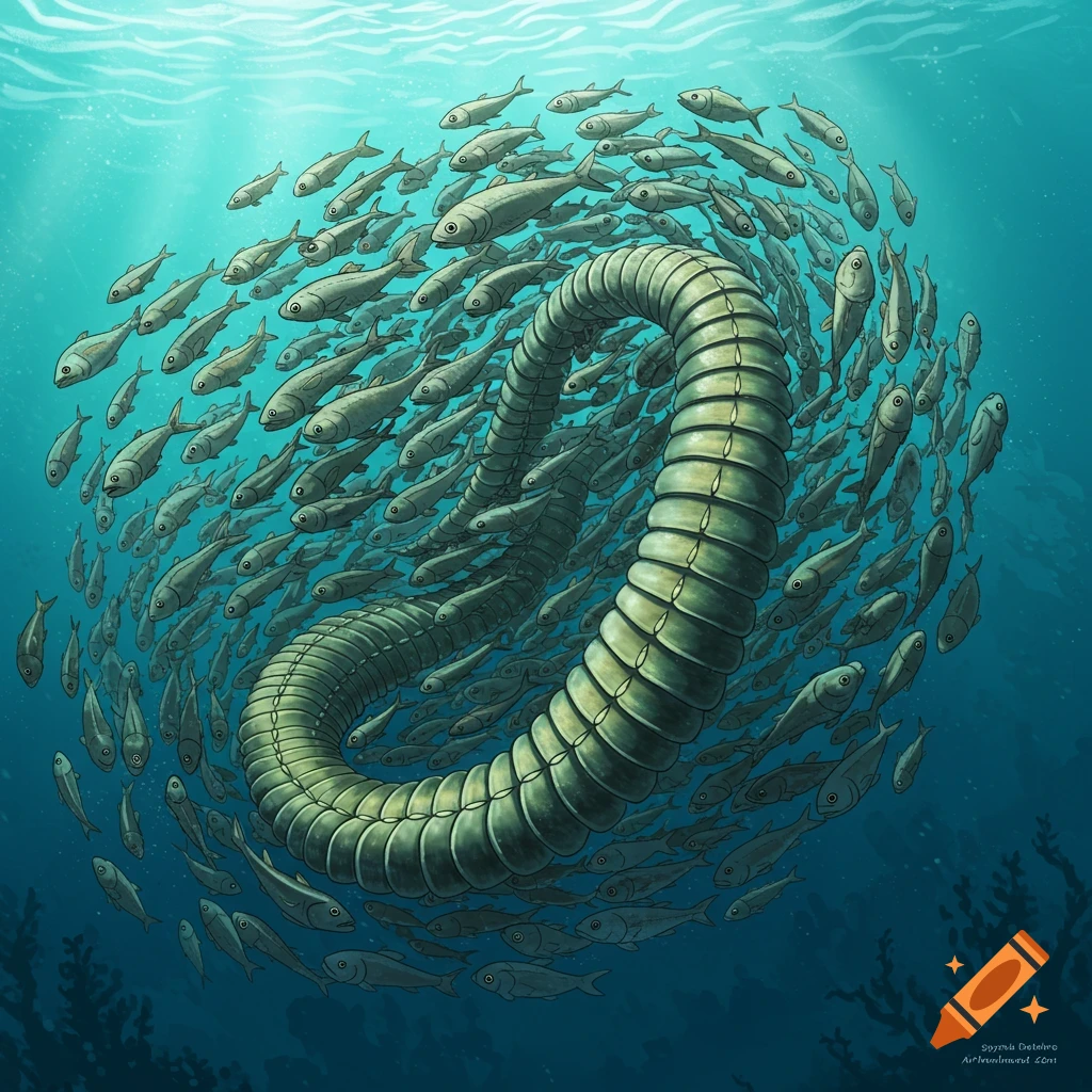 A school of fish surrounding a large, segmented worm-like creature underwater.