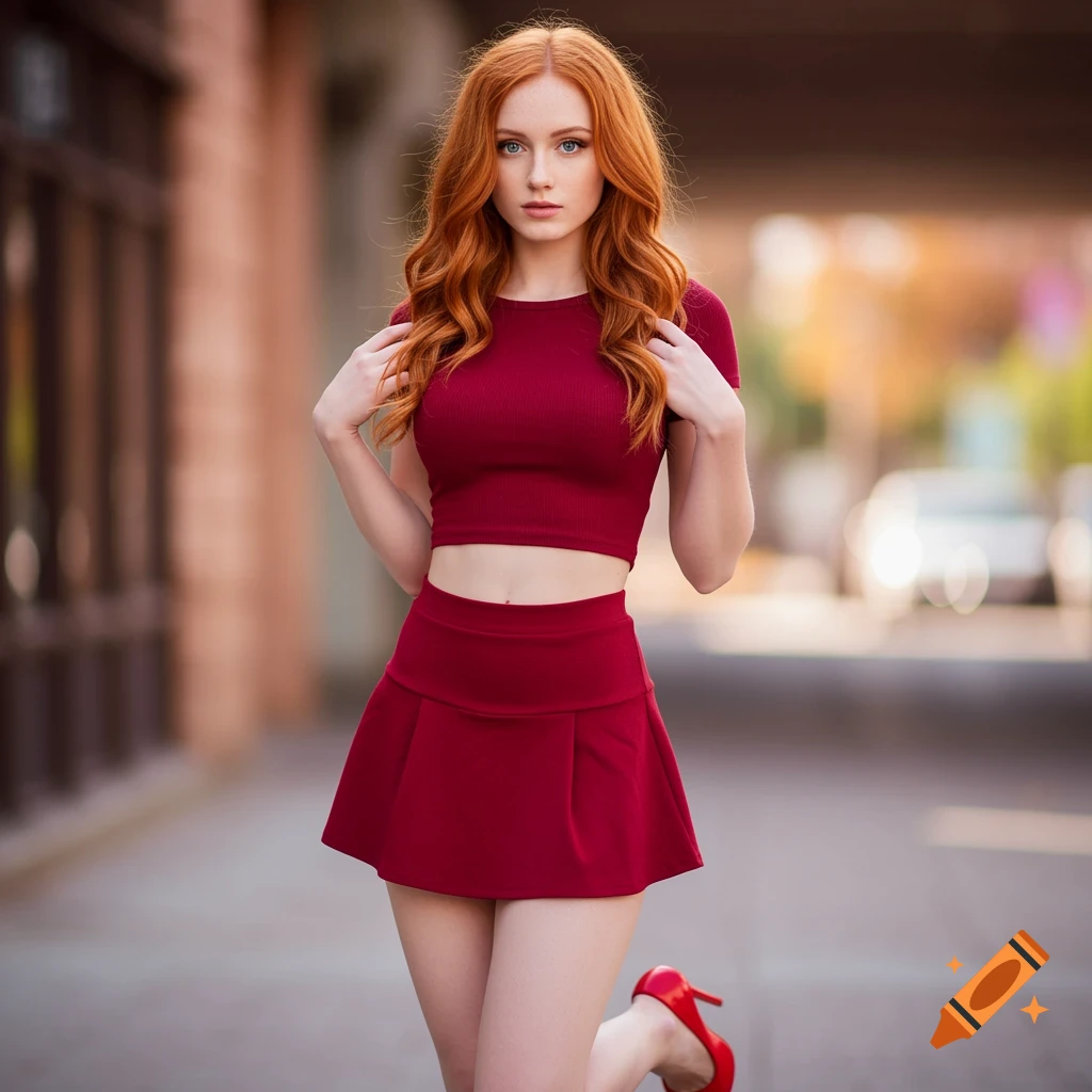 Photorealistic portrait of a young woman with red hair in a red crop top and skirt.