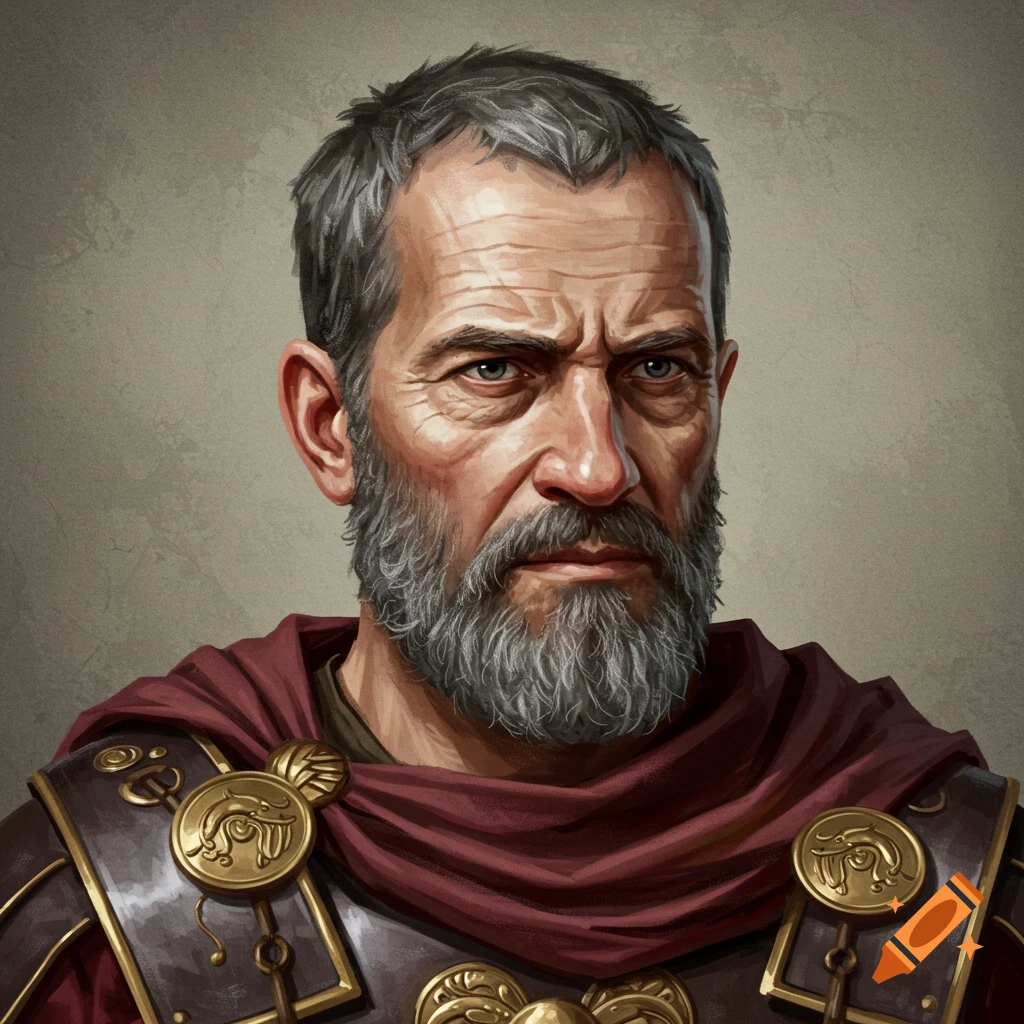 Portrait of a stern older man with a grey beard, wearing ancient armor and a red cloak.