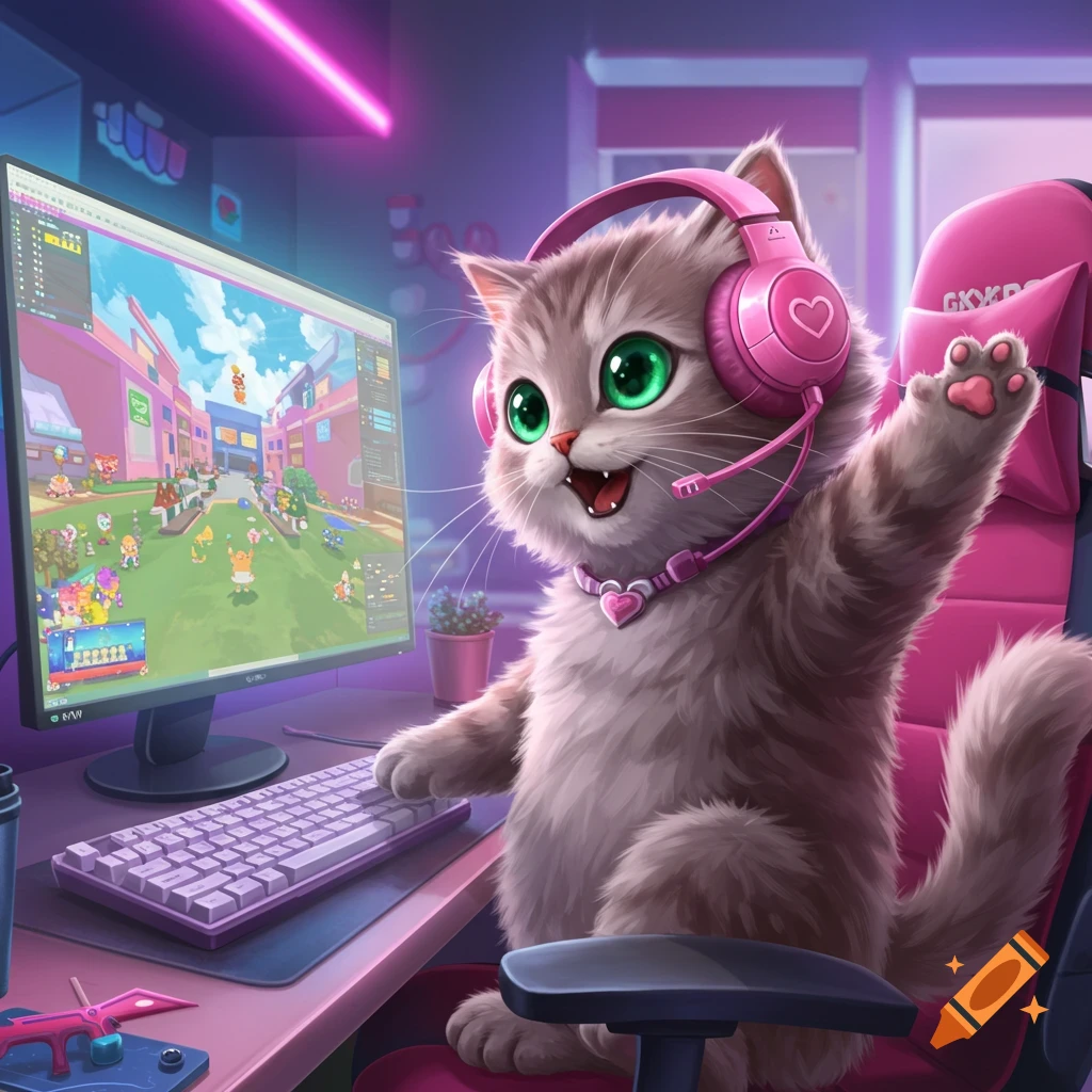 A cute cat wearing pink headphones is playing a video game at a computer desk and waving a paw.