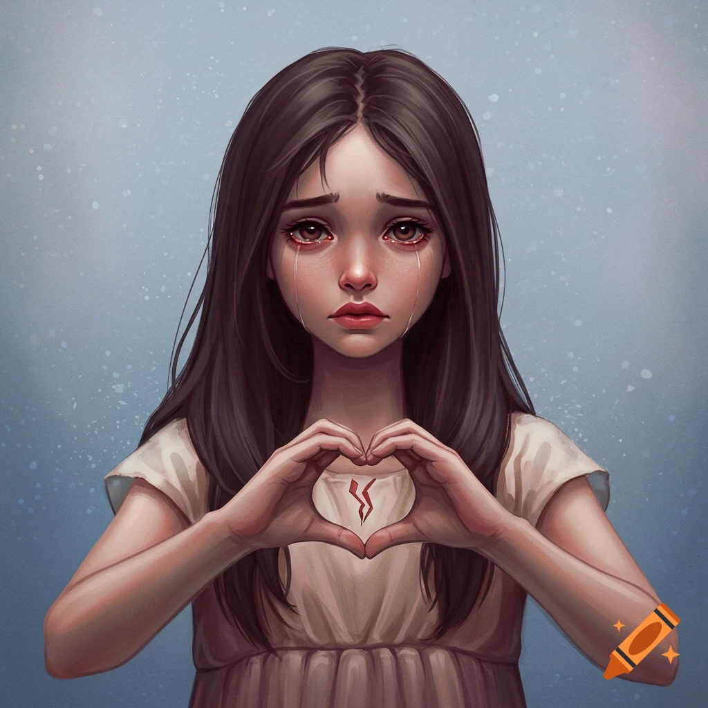 A sad girl crying and making a heart shape with her hands showing a broken symbol.