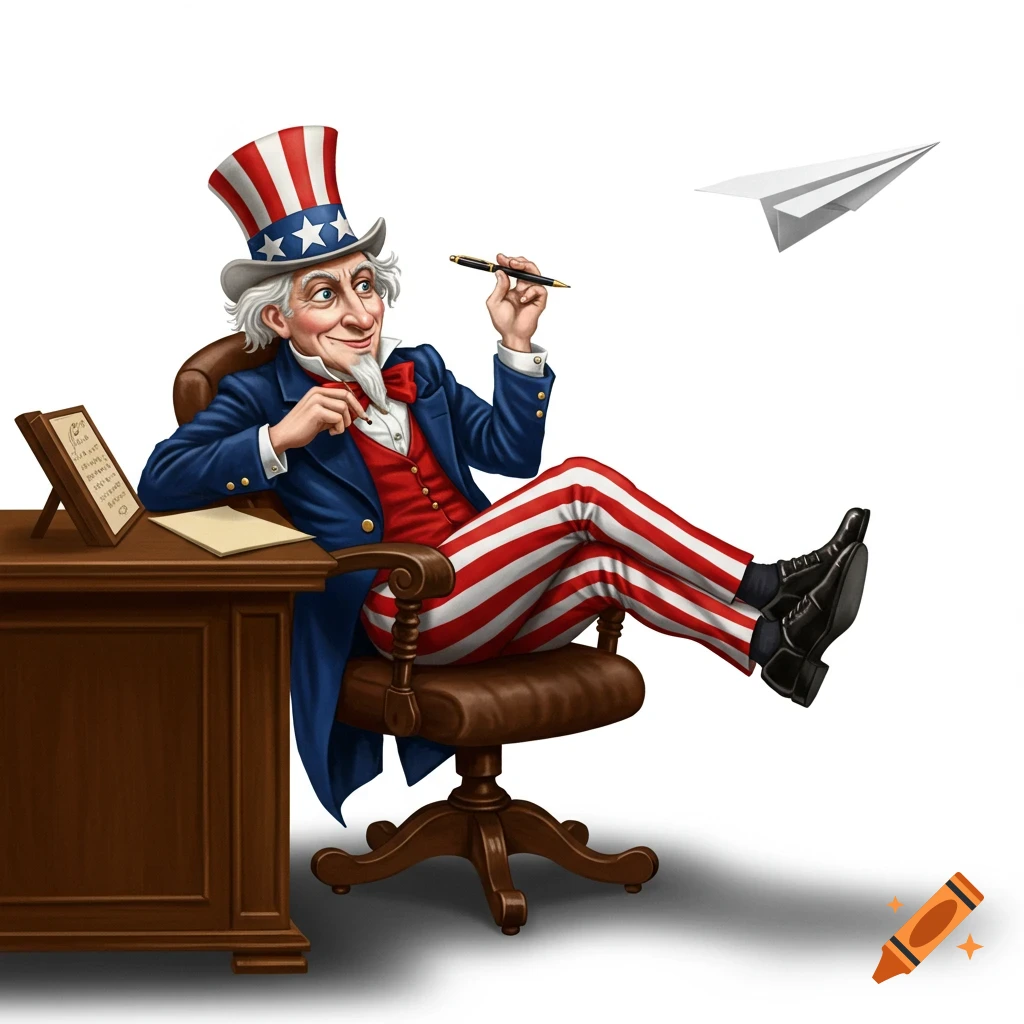 Illustration of Uncle Sam lounging in a chair with feet on a desk, holding a pen, a paper airplane flies nearby.