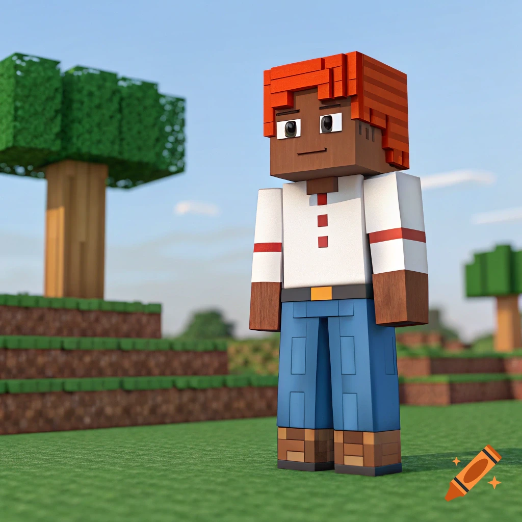 Blocky character with red hair and white shirt in a grassy world.