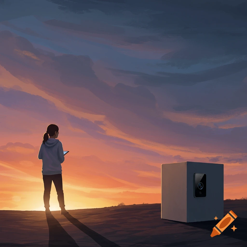 A person looks at a security cube at sunset.