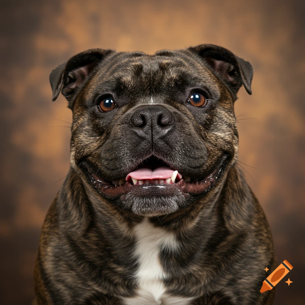 Close-up portrait of a smiling brindle bulldog on a brown background.