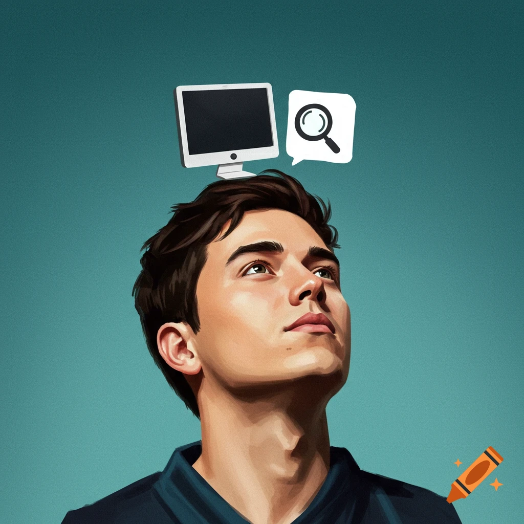 A man is shown looking up with computer and magnifying glass icons above his head.