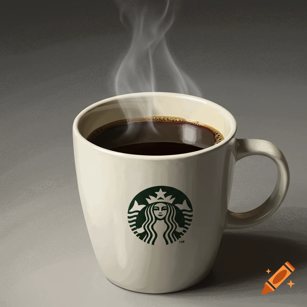 A white Starbucks mug filled with black coffee, with steam rising.