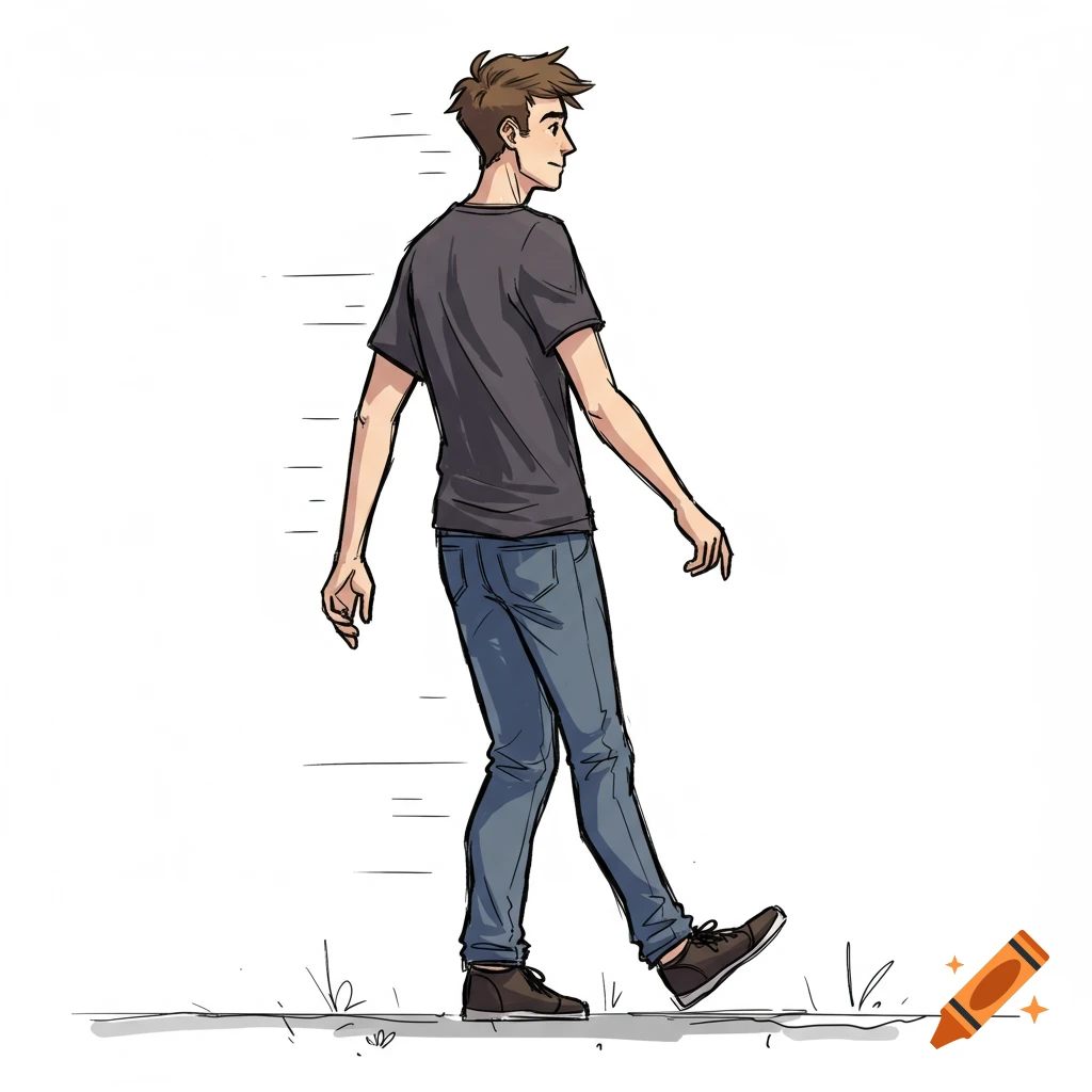 Sketch of a man walking away at an angle to the right.