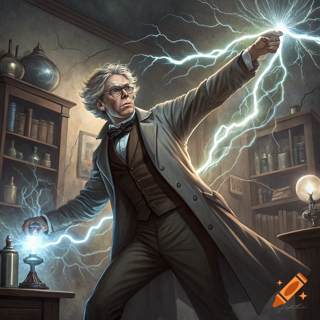 Illustration of Michael Faraday generating lightning in a cluttered science lab.