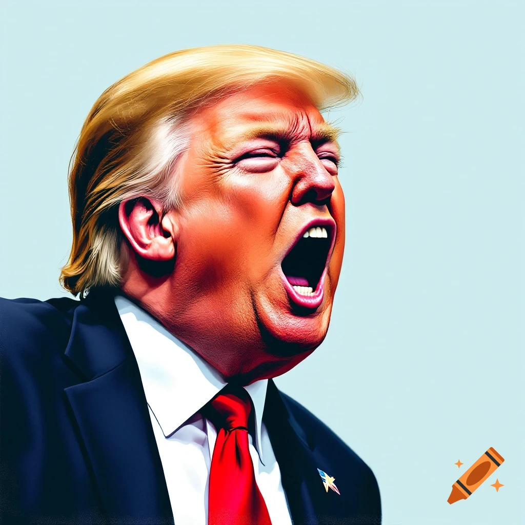 Close-up portrait of a man resembling Donald Trump yelling, wearing a suit and red tie.