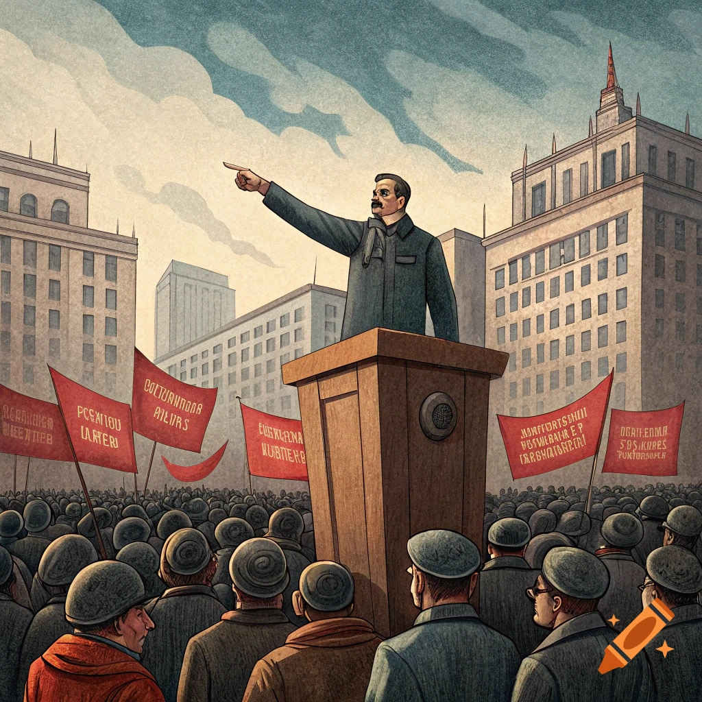 Speaker addresses large crowd under red flags in a historical illustration style.