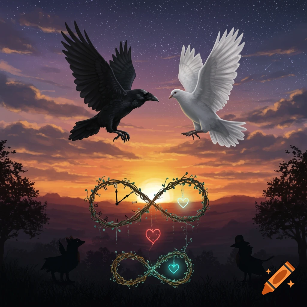 A black raven and white dove fly over a landscape with a vine infinity symbol containing a clock face and glowing hearts, under a sunset and starry sky.