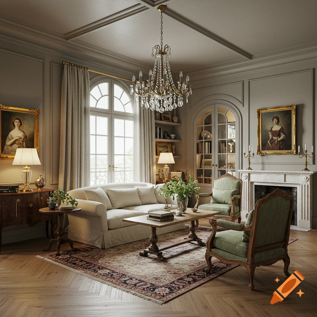 An elegant European-style living room with classic furniture, a chandelier, and large windows.