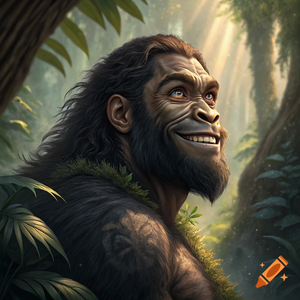 Smiling human-like ape creature in a lush jungle with sun rays