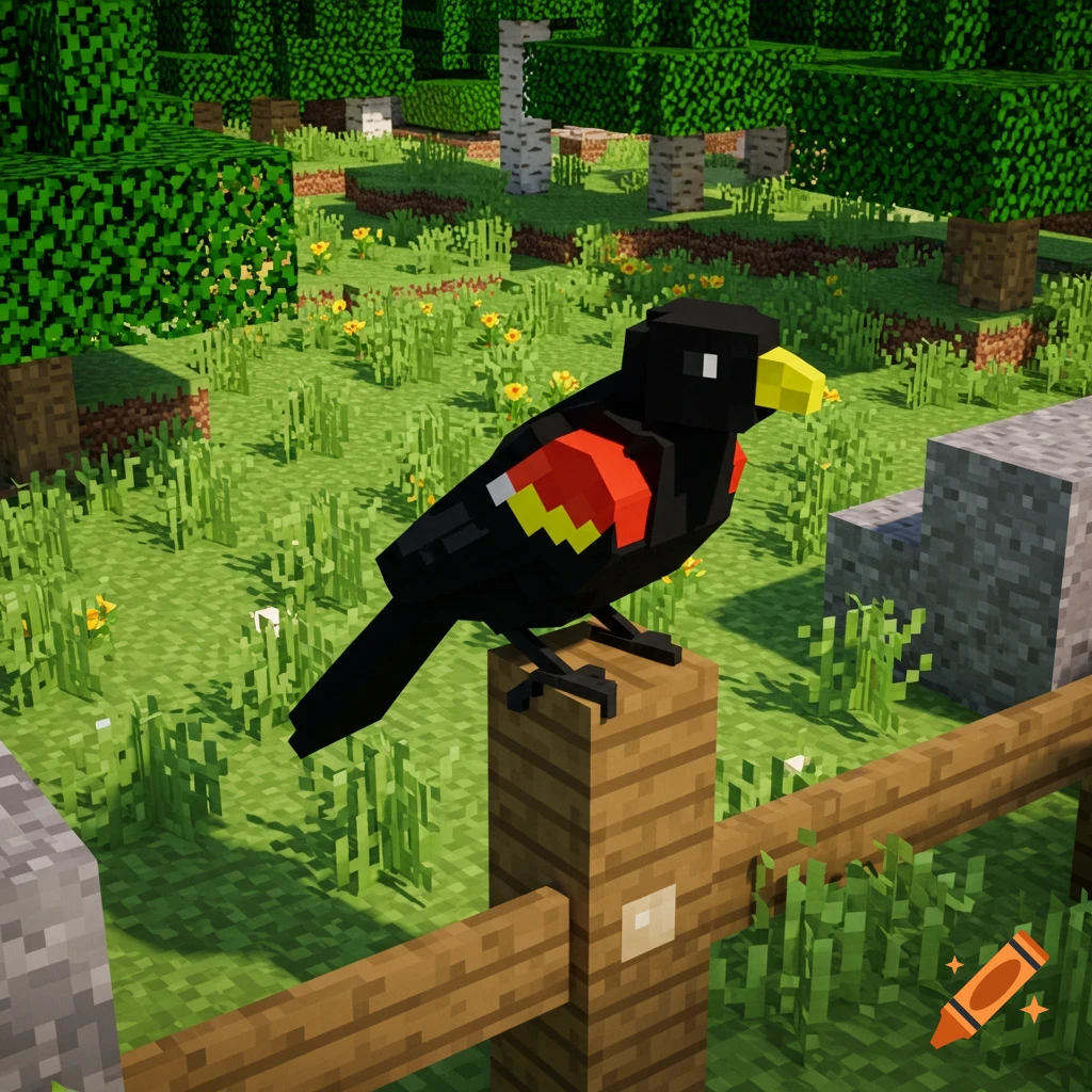 A blocky red-winged blackbird perches on a fence post in a blocky forest setting.