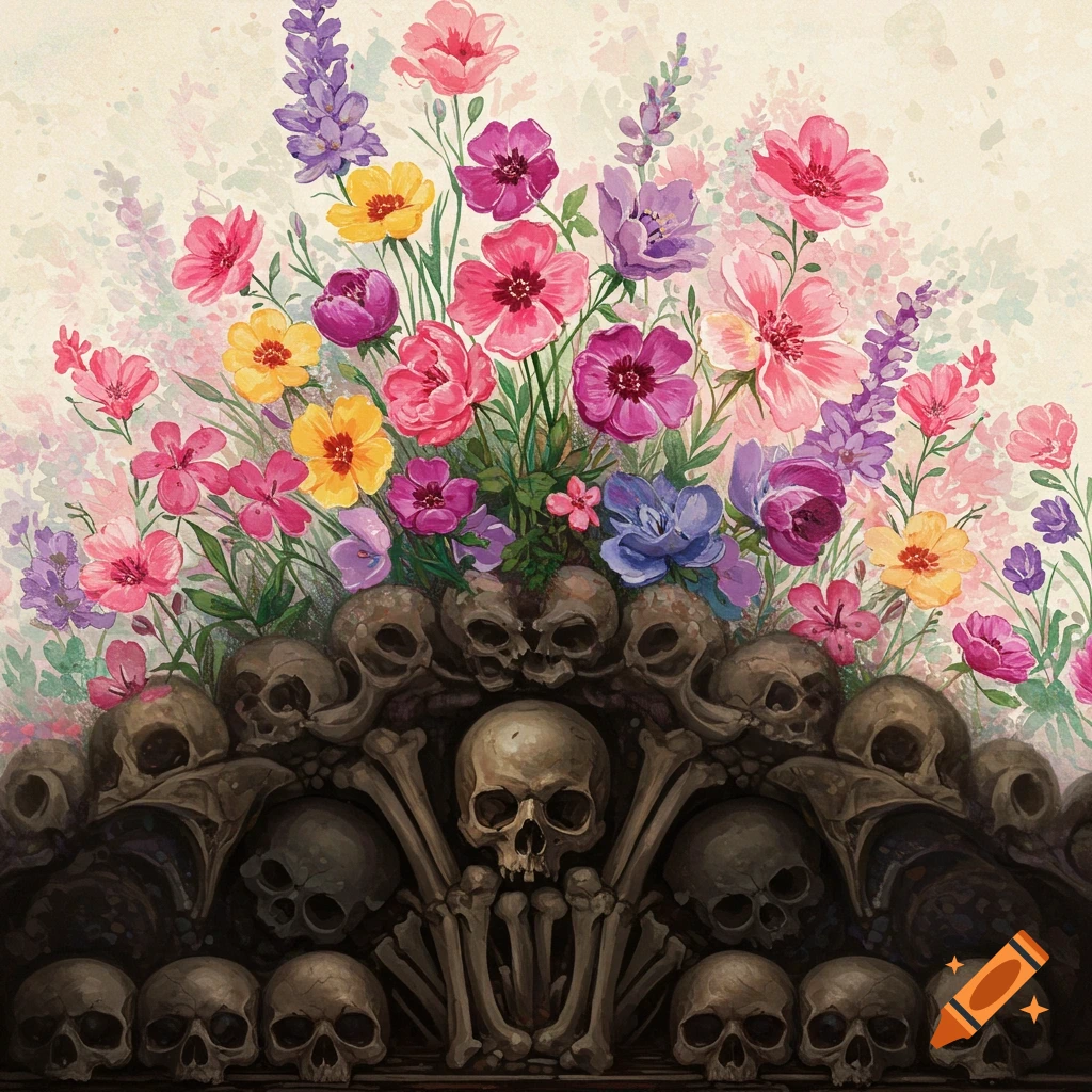 A watercolor painting shows colorful flowers growing from a pile of skulls and bones.