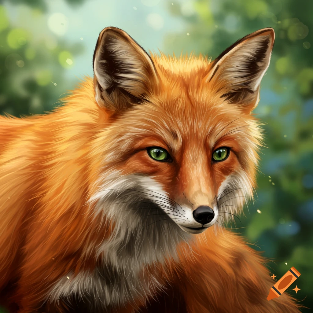 A detailed close-up of a red fox with green eyes looking forward.