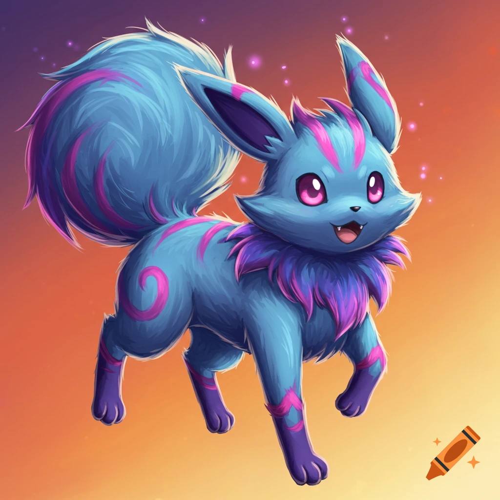 A blue and pink furry creature with big eyes