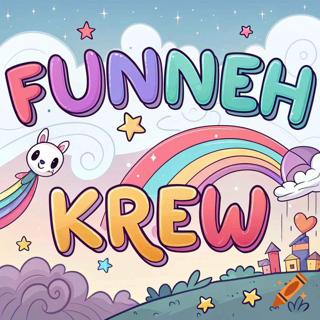 Cartoon text 'FUNNEH KREW' with a flying bunny, rainbow, stars, and houses.
