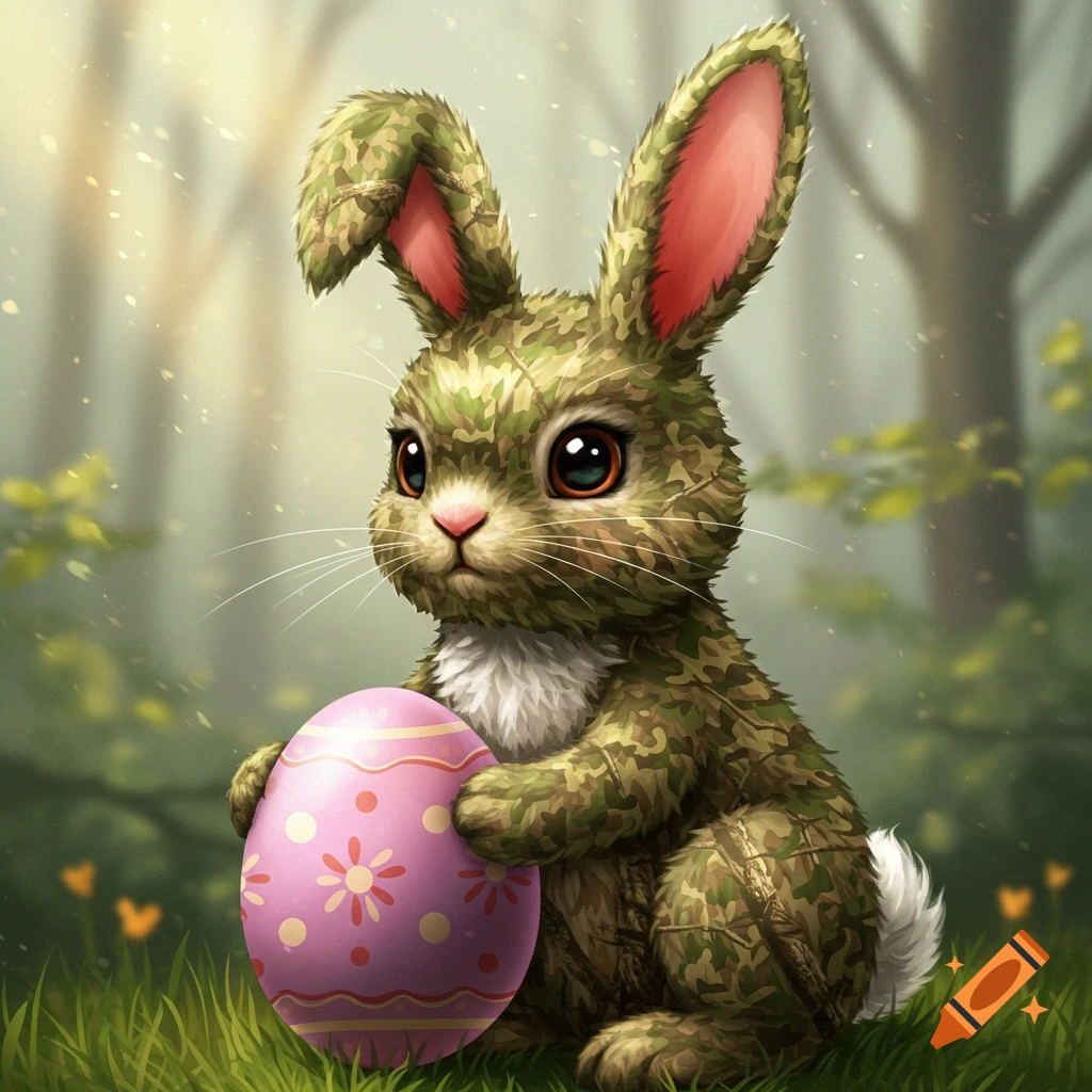 A camouflage Easter bunny holds a pink decorated Easter egg in a forest.