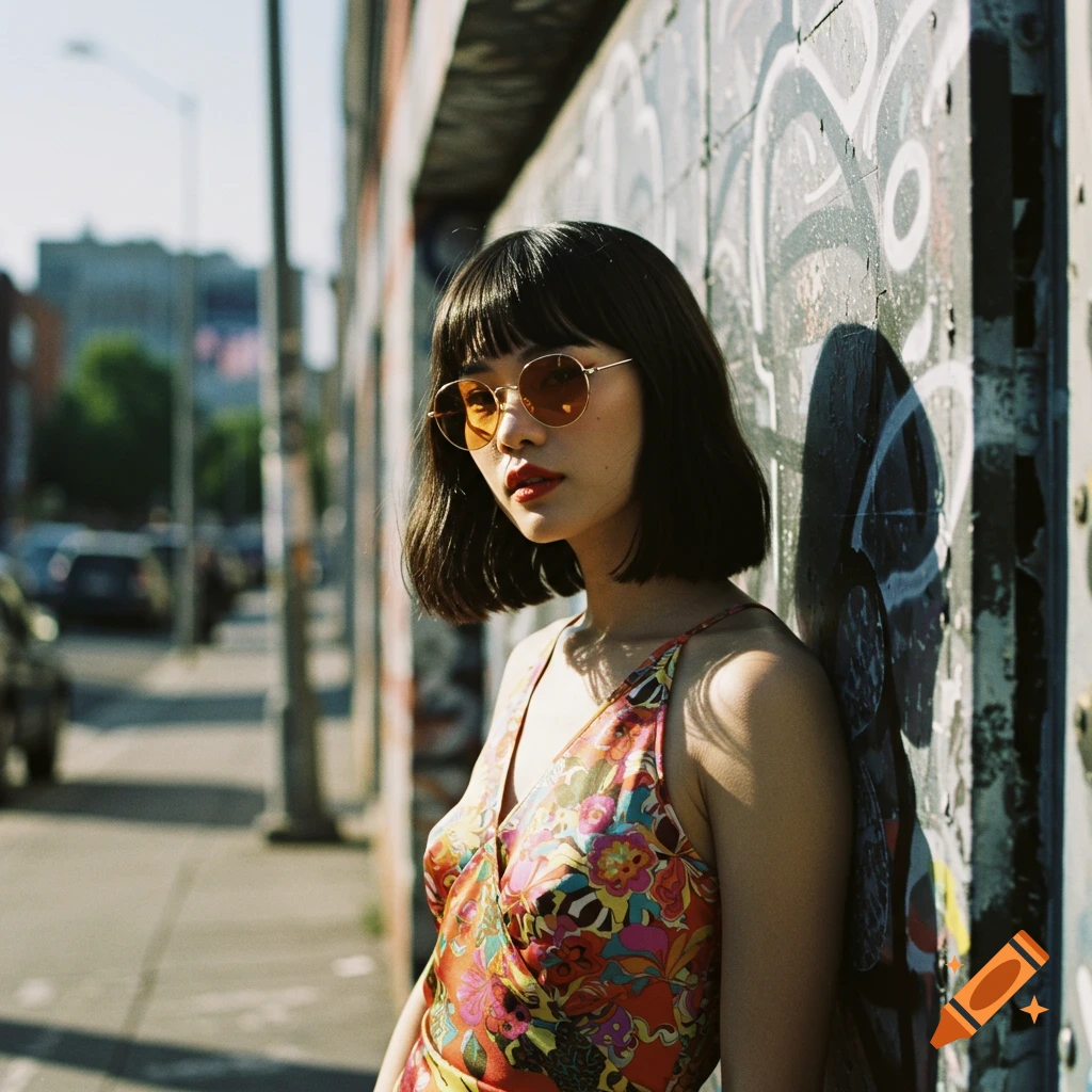 A young woman in a colorful dress and sunglasses leans against a graffiti wall in analog photo style.