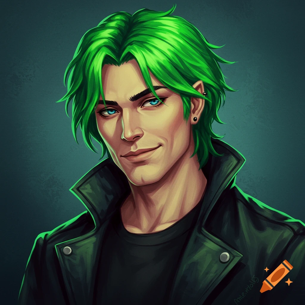 A man with bright green hair and blue eyes is wearing a black jacket.