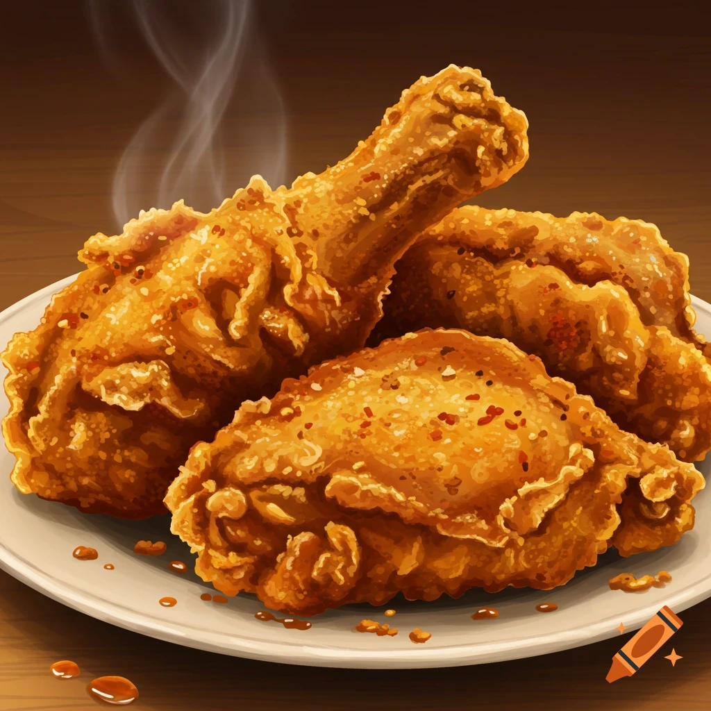 Hot fried chicken pieces on a white plate with steam.