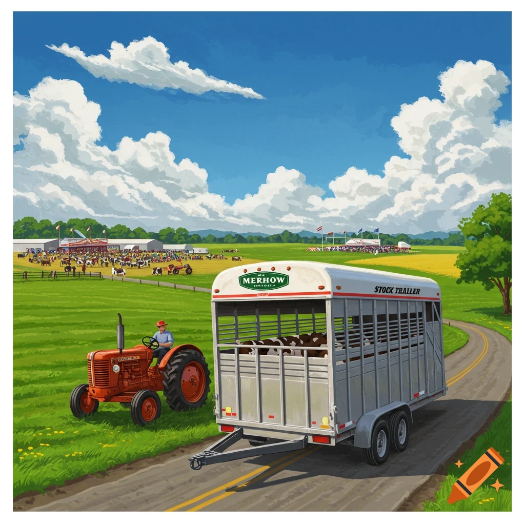 A red tractor pulls a stock trailer full of cows down a road towards a busy fairground.