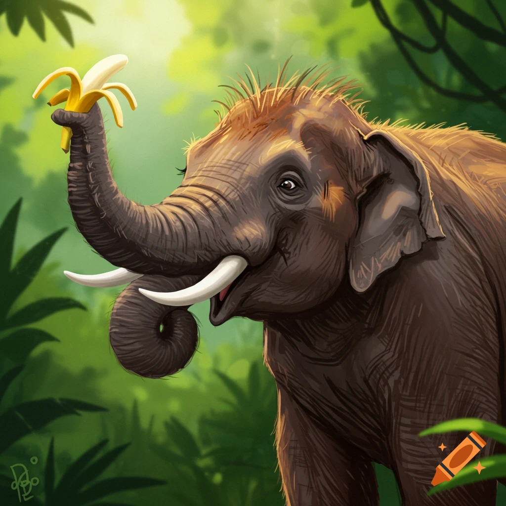 An elephant in a jungle holding a banana with its trunk.