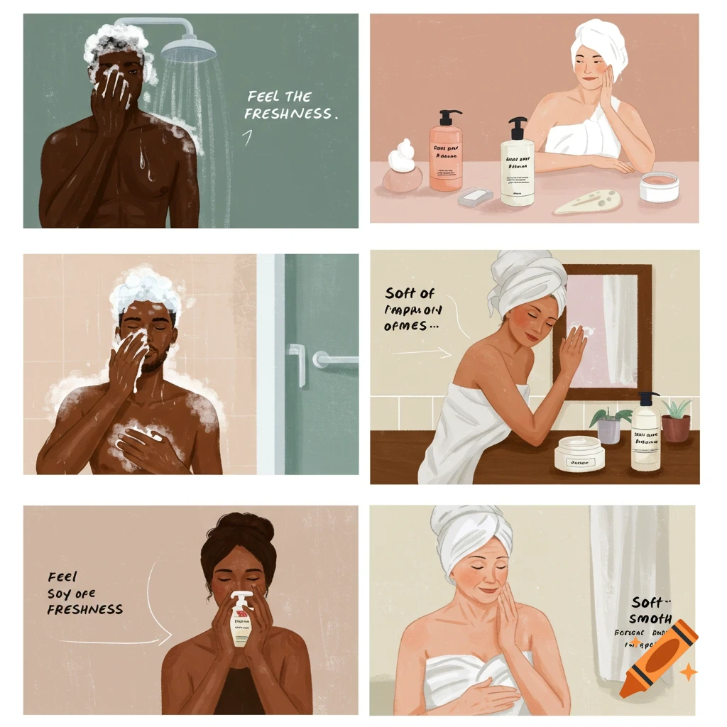 Multi-panel illustration of people showering and using body care products