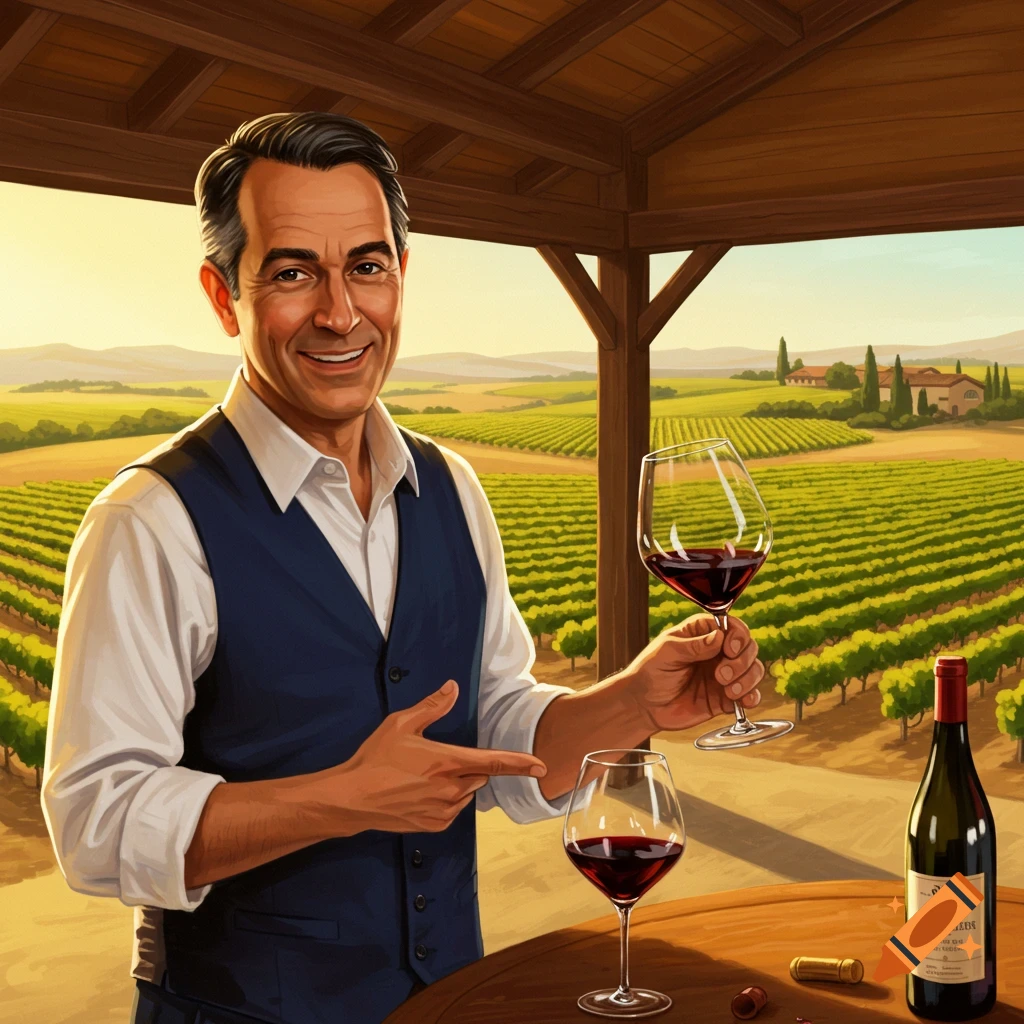 A sommelier holds two glasses of red wine in a vineyard at sunset.