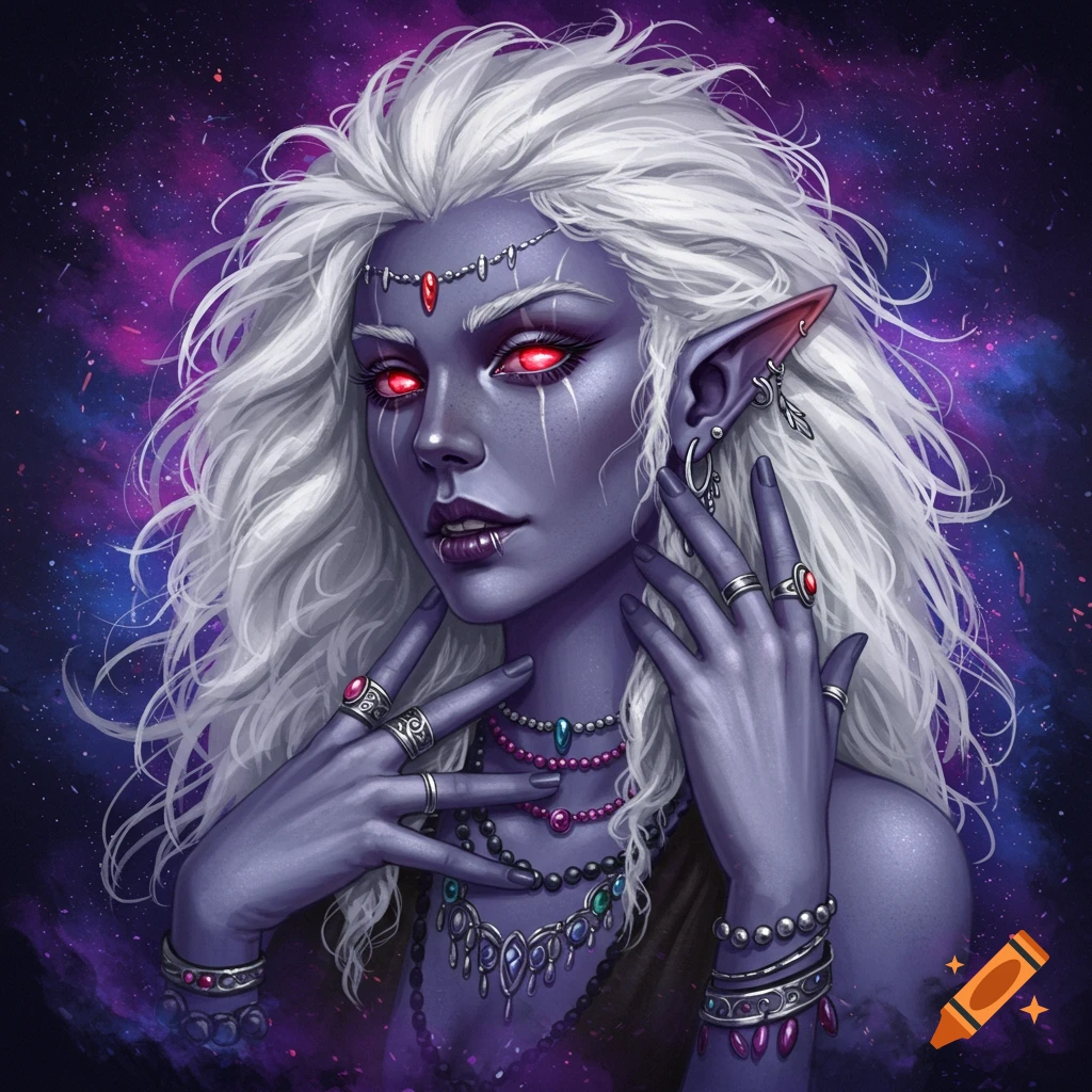 A portrait of a drow elf female with distinctive features. She has grey skin, long white hair, and striking red eyes. The subject is adorned with intricate jewelry. The background is a swirling galaxy.
