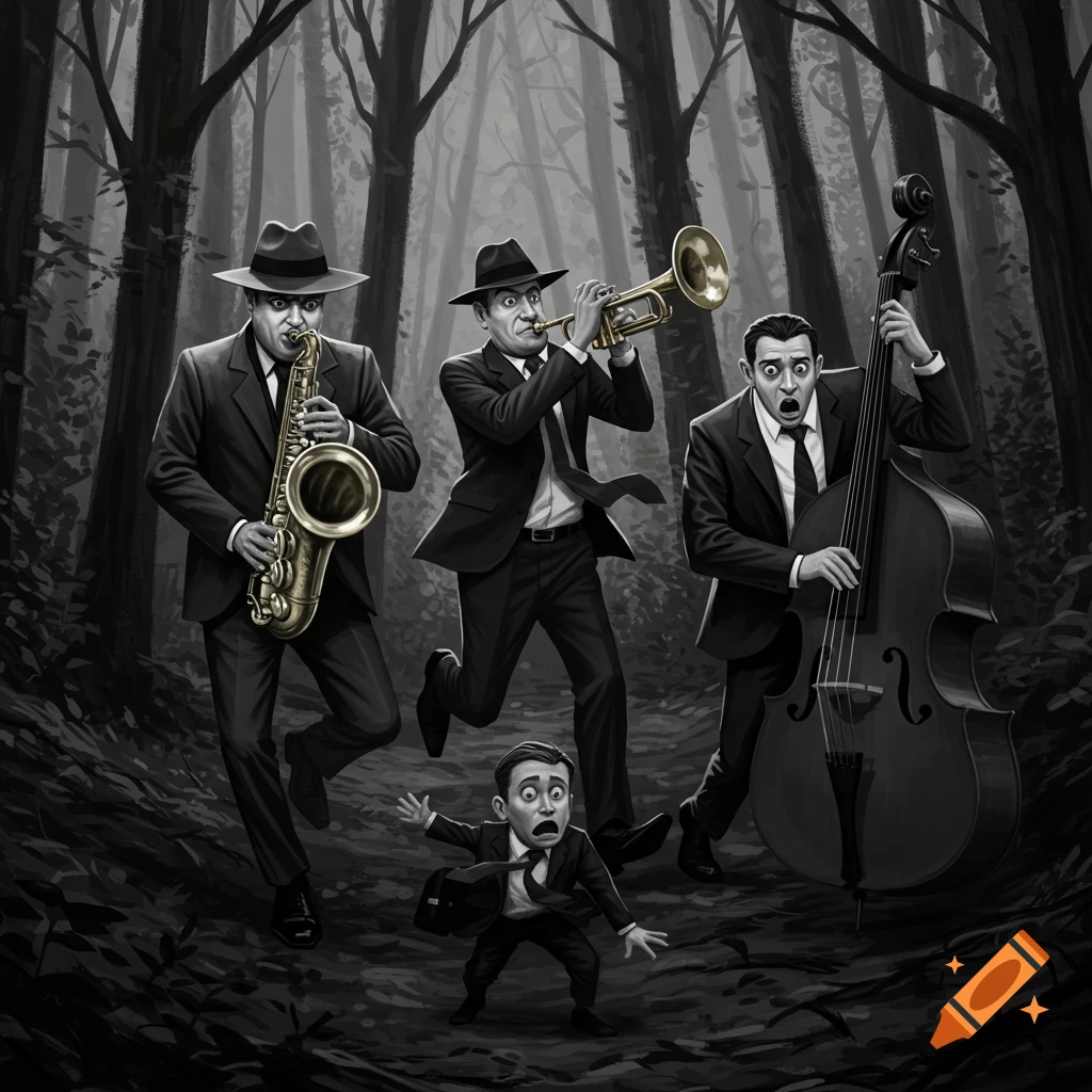 A monochromatic image of a jazz band chasing a smaller figure through a forest.