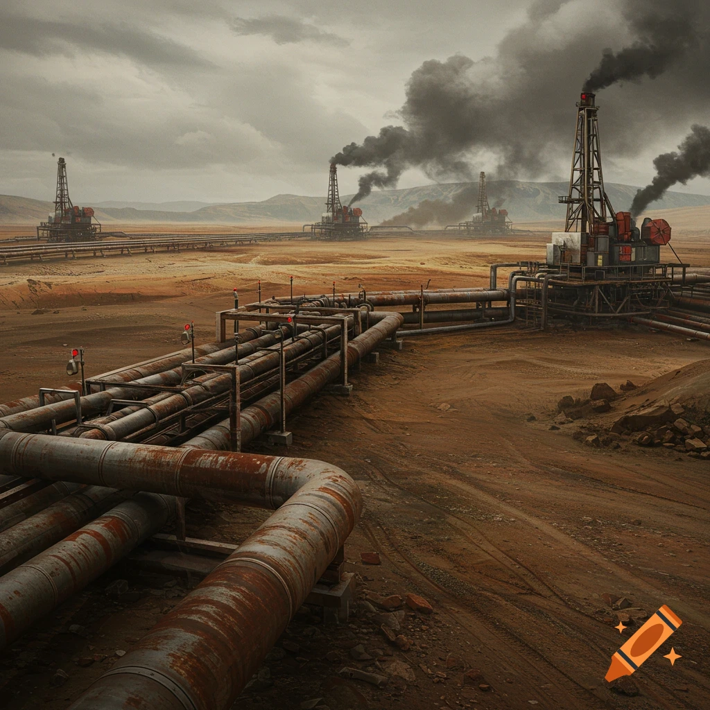An industrial oil or gas extraction site with towers, pipes, and smoke under a cloudy sky.