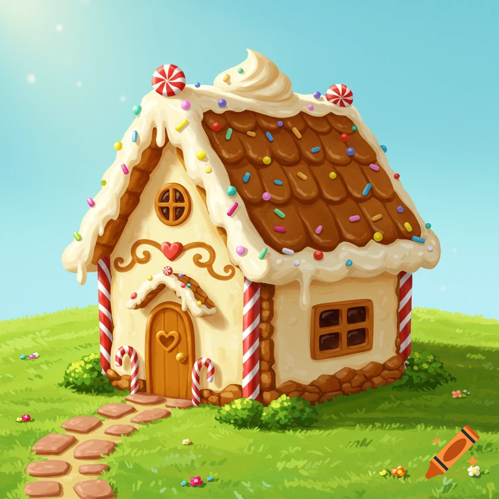A whimsical gingerbread-style house made of sweets on a grassy hill.