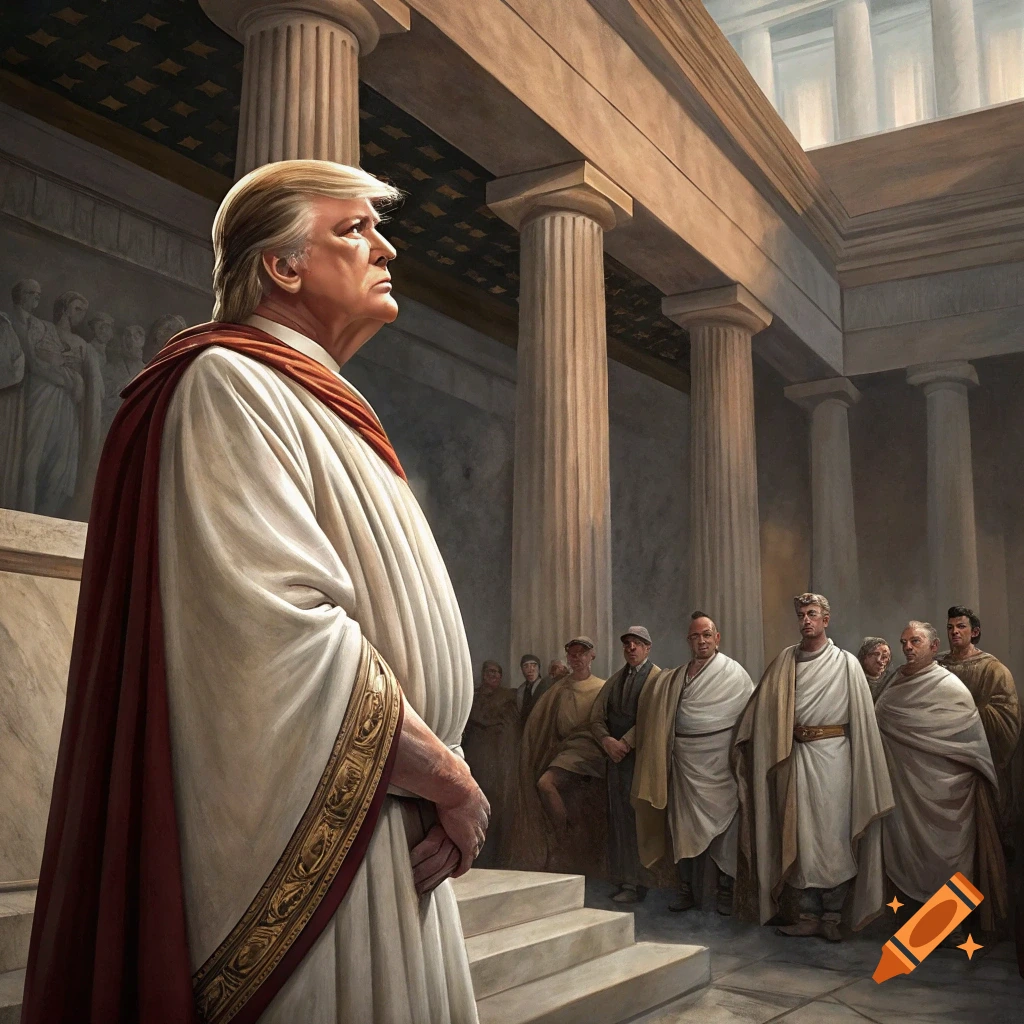 Painting of Donald Trump in a toga standing in a classical building during a hearing.