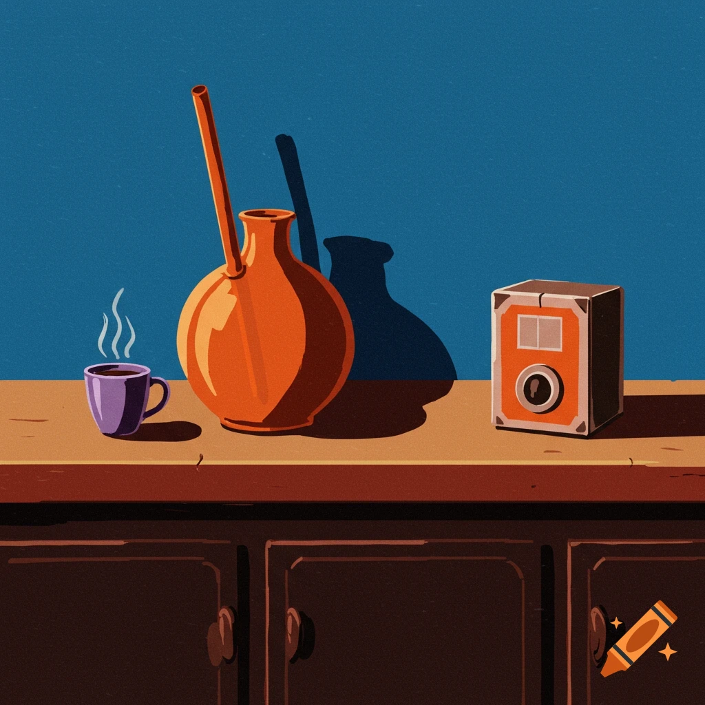 Illustration of a coffee cup, orange vase, and radio on a counter against a blue wall.