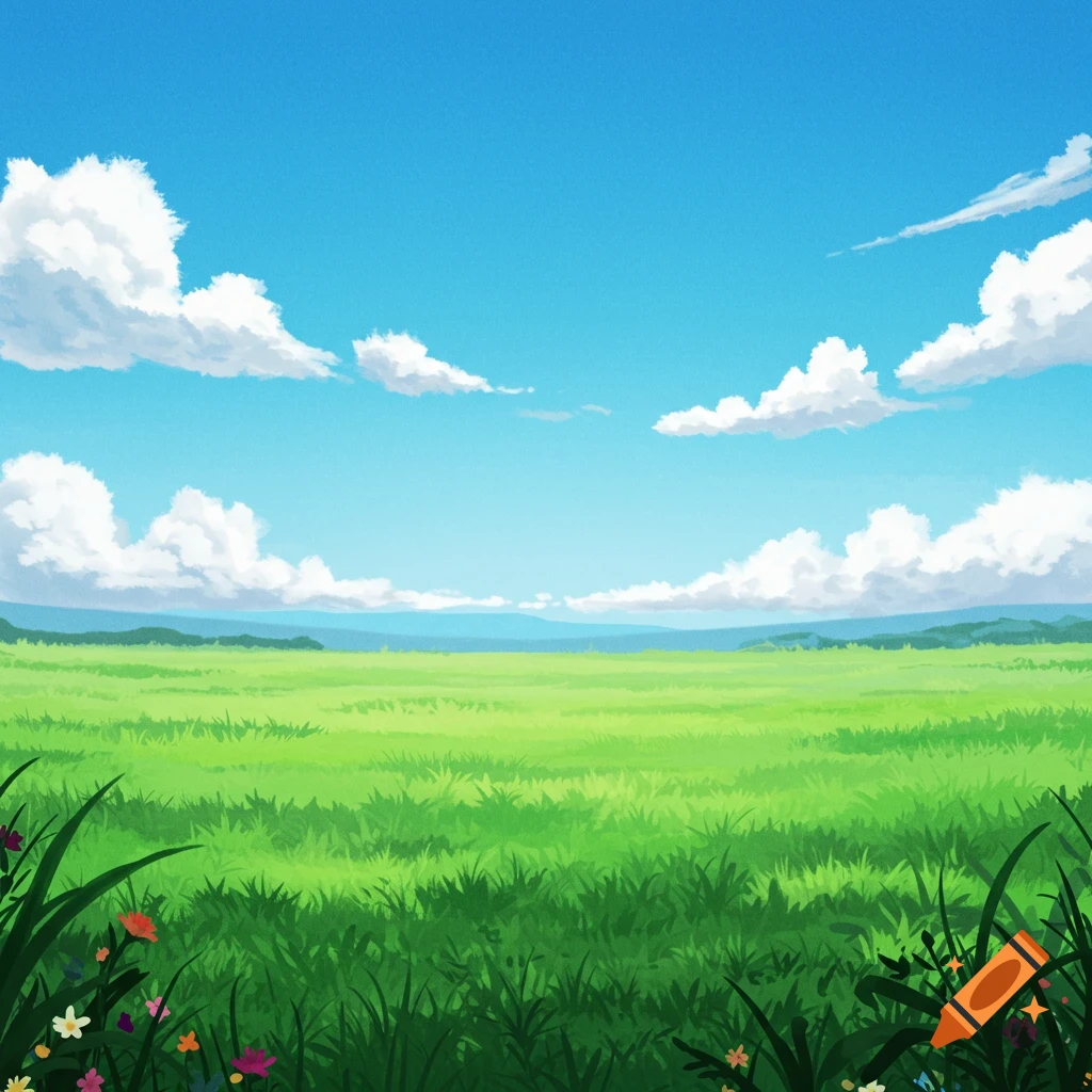 A vibrant green field under a blue sky with fluffy clouds and distant mountains.