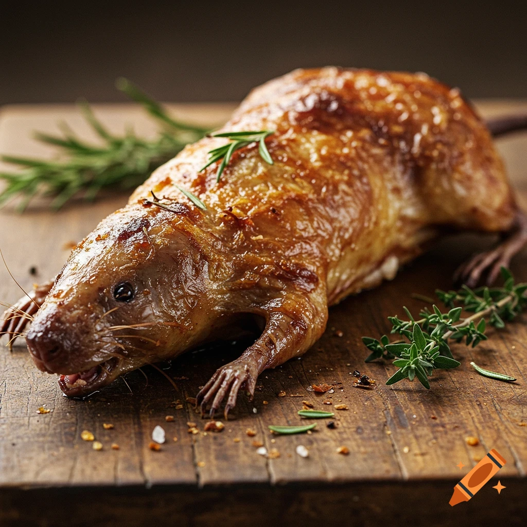A roasted rodent, possibly a mole rat, on a wooden board with herbs.