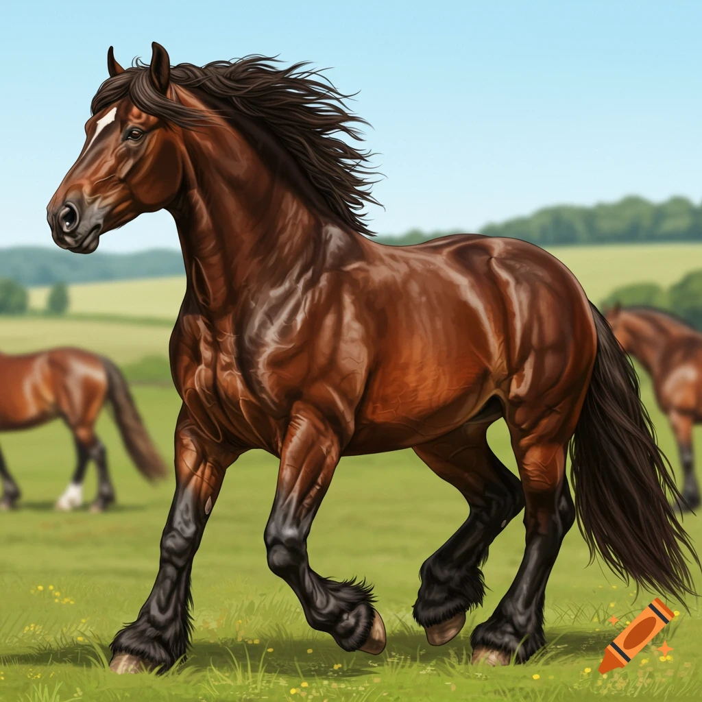 A brown horse runs in a grassy field