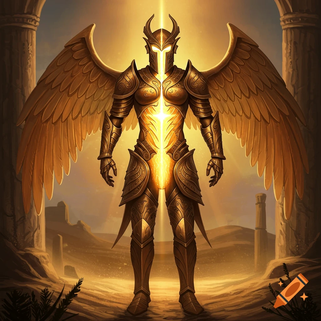 A winged figure in glowing golden armor stands among desert ruins under sunlight.