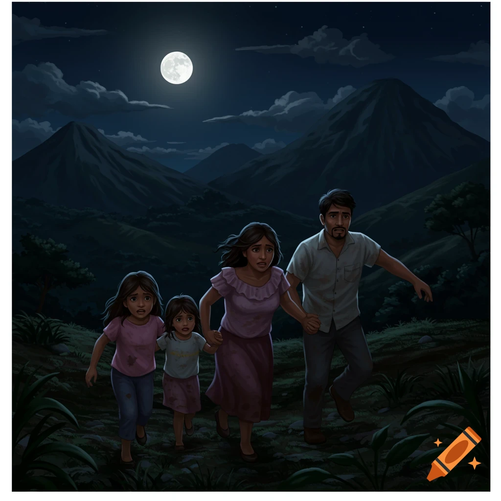 Illustration of a family running through moonlit mountains at night.