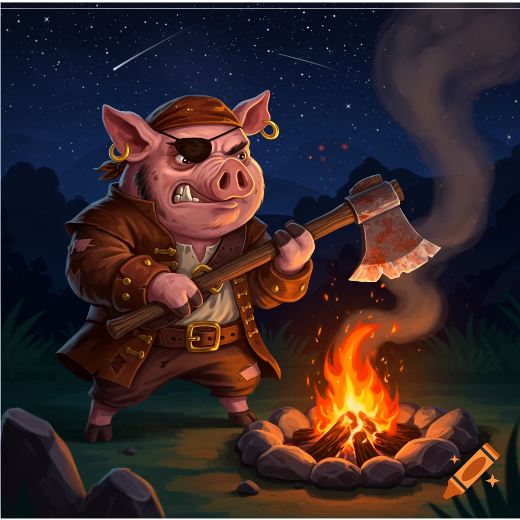A pirate pig with an eyepatch wielding an axe next to a campfire at night under a starry sky.