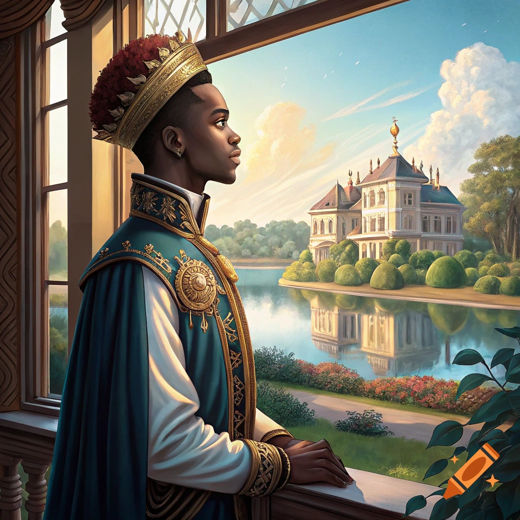 Young prince in crown and robe looks out window at a mansion and lake.